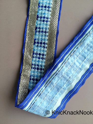 Blue, Silver And White Trim With FlatBack Beads Lattice On Velvet Fabric Trim, Approx. 50mm wide - 200317L212